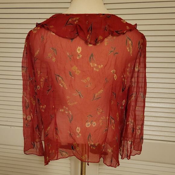 Vtg Tess Flare Sleeve Ruffle V Neck Tie-Front Floral Silk Sheer Top Red Size 14 - Picture 2 of 11
